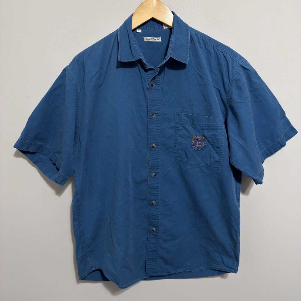 Vintage Bugle Boy Classics Mens L Short Sleeve Button Up Shirt Logo Blue